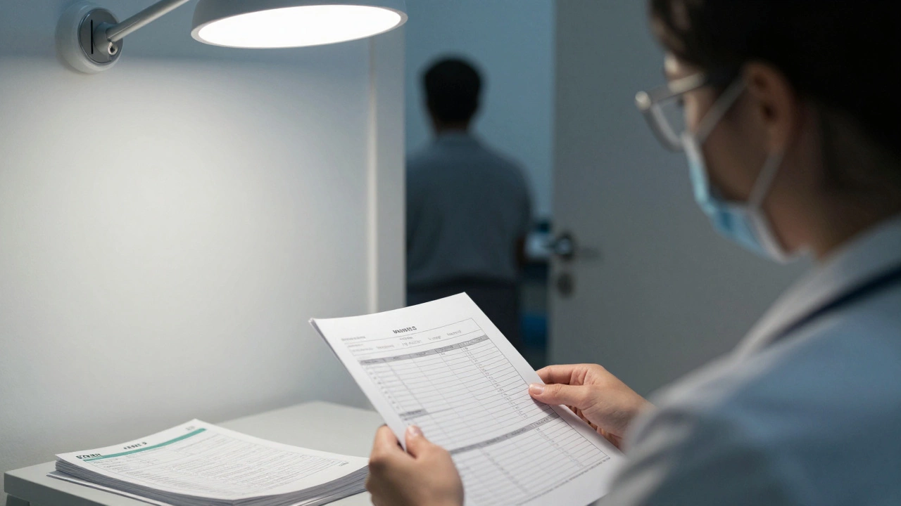 Клинический психолог анализирует диагностические материалы в больничной обстановке.