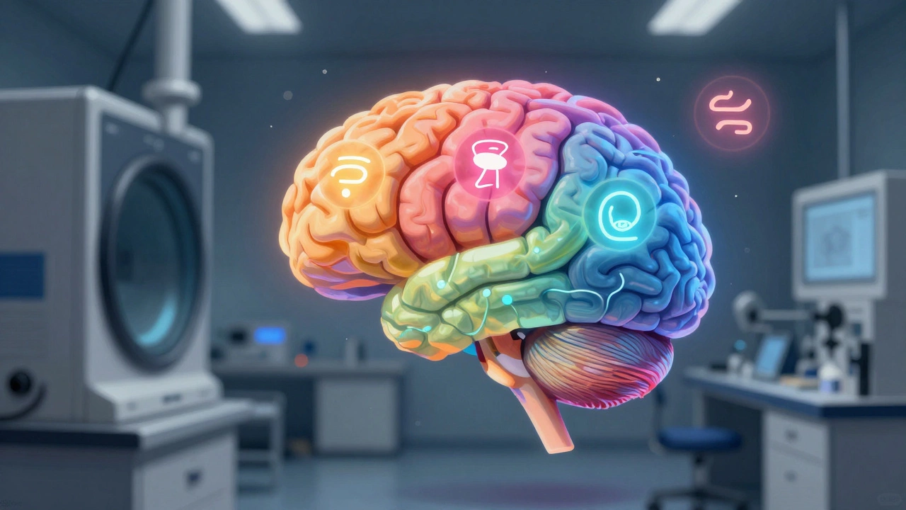Мозг с цветными областями, символизирующими когнитивные процессы, над лабораторией.