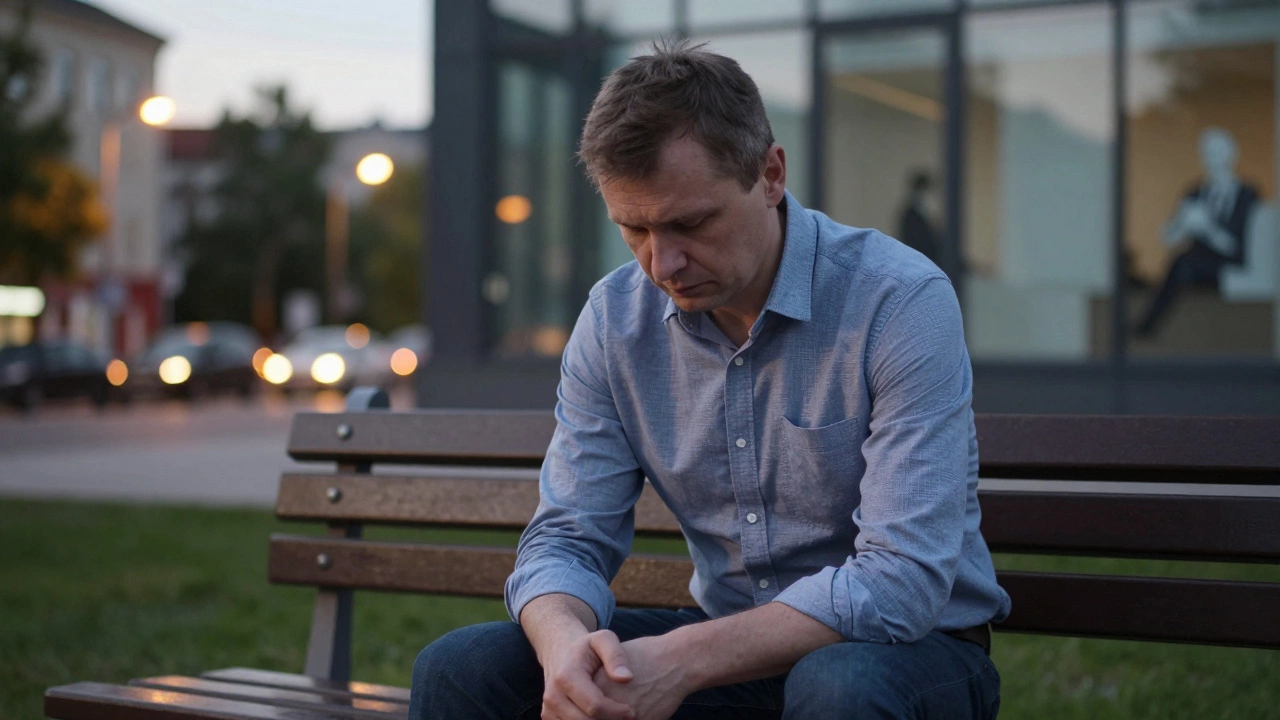Мужчина сидит на скамейке в парке на закате, задумчиво смотрит вниз.