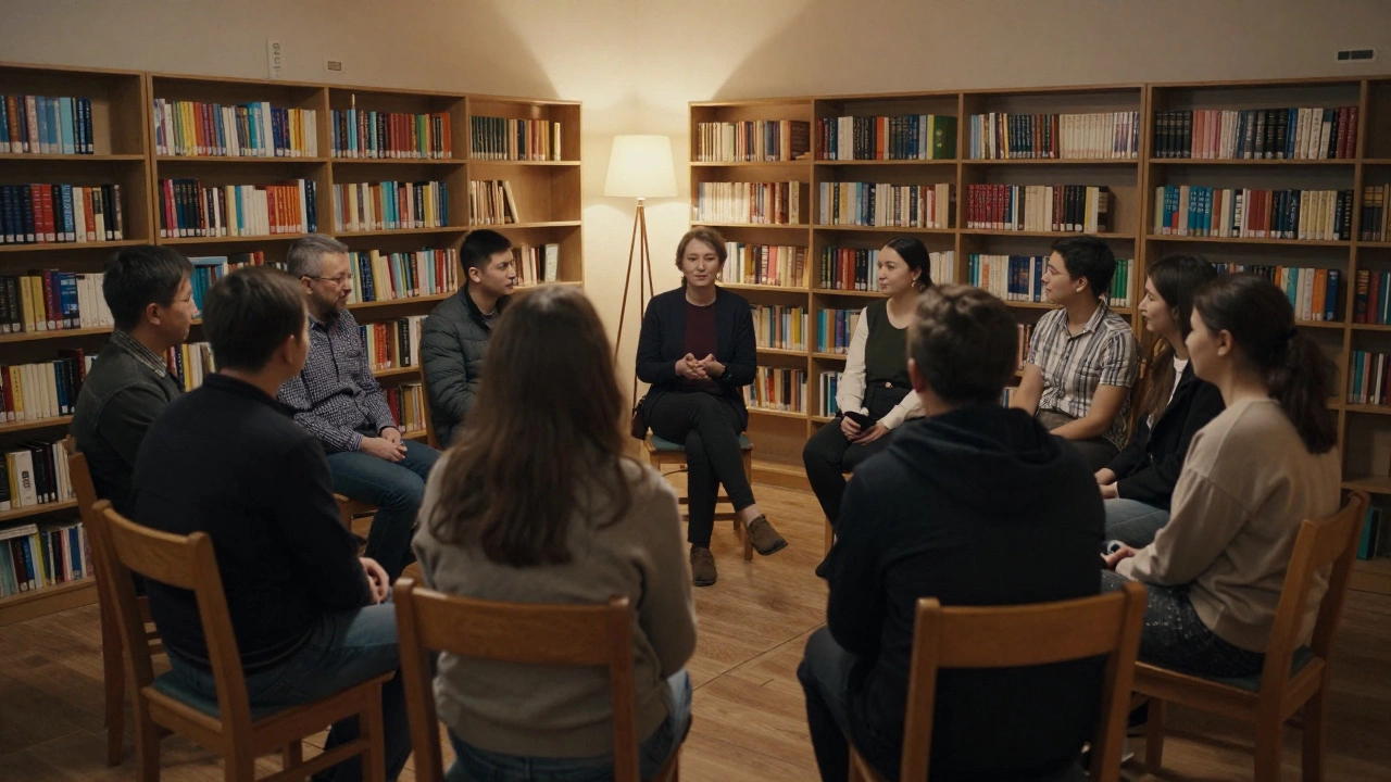 Небольшая группа людей сидит в кругу в библиотеке, слушая одного из участников в тишине.