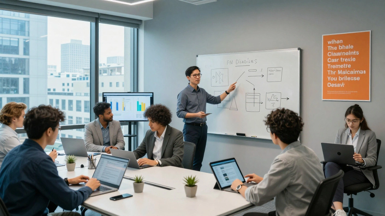 Офисные сотрудники заполняют опросы, менеджер объясняет динамику команды, психолог анализирует данные на экране.