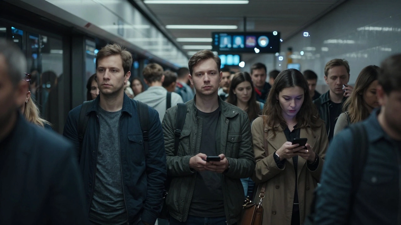 Пассажиры на платформе метро, невидимое социальное давление в воздухе