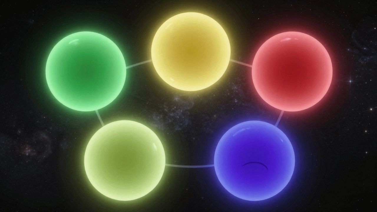 Пять светящихся сфер, символизирующих пять черт личности, парят в космосе, излучая разные цвета.