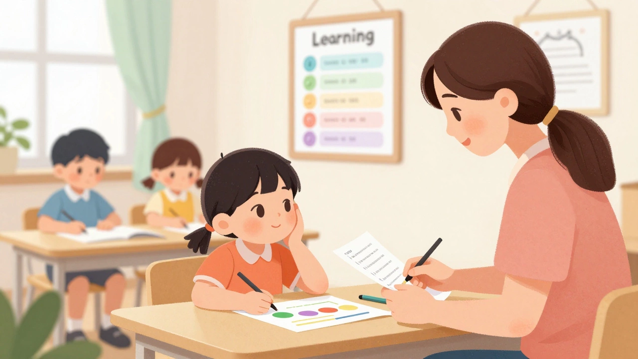 Педагогический психолог помогает ребенку в классе с адаптацией обучения.