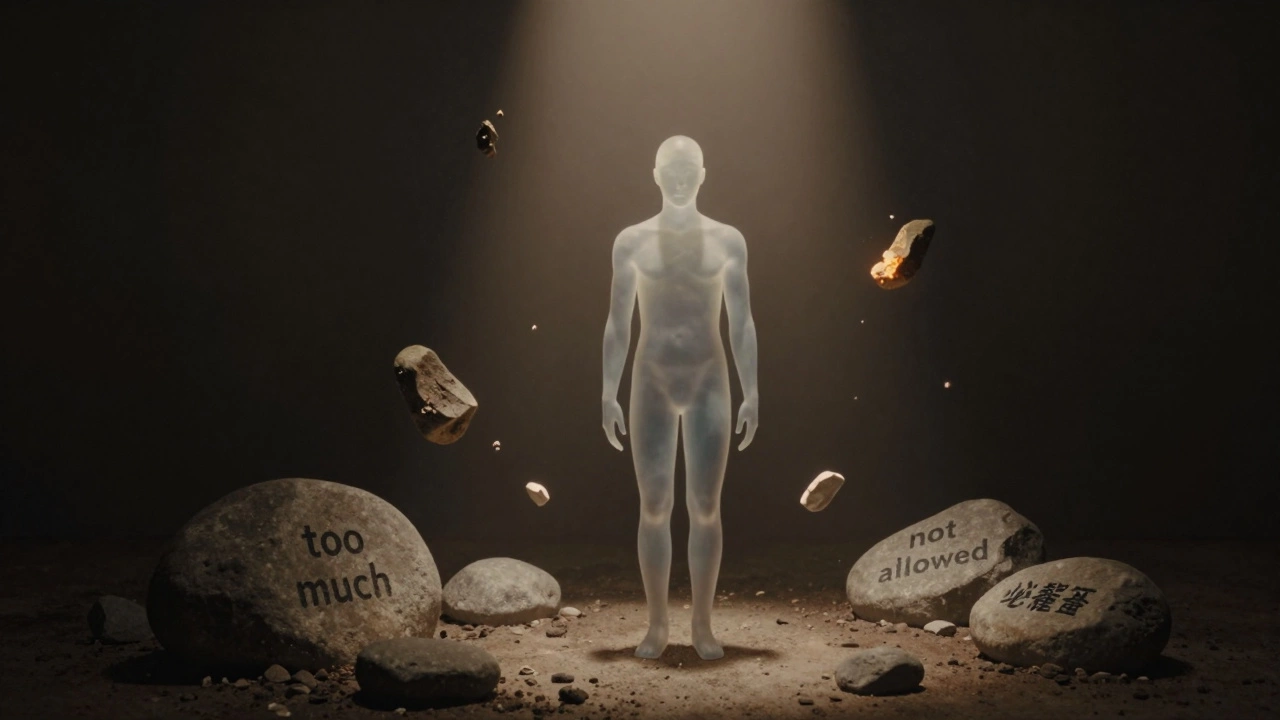 Прозрачная фигура surrounded by floating emotions — некоторые скрыты под камнями, один поднимается к свету.