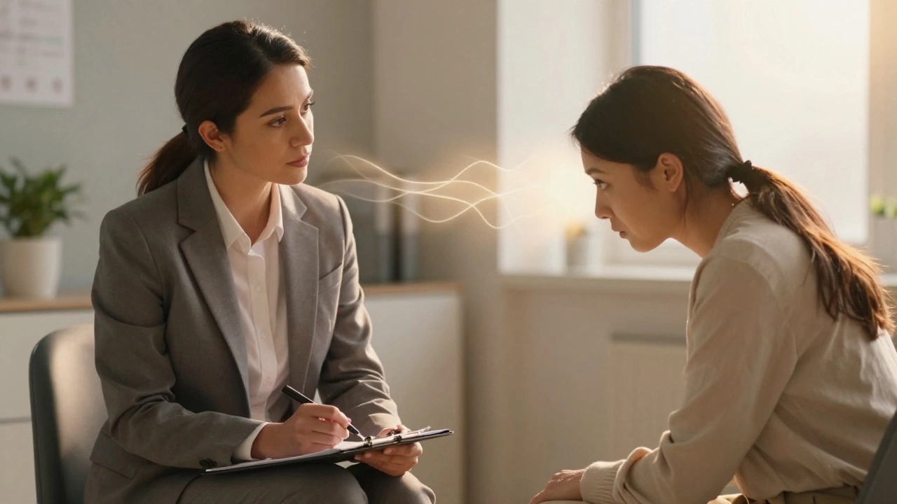 Психолог и клиент в кабинете, между ними — световой путь, символизирующий поддержку без решения за них.