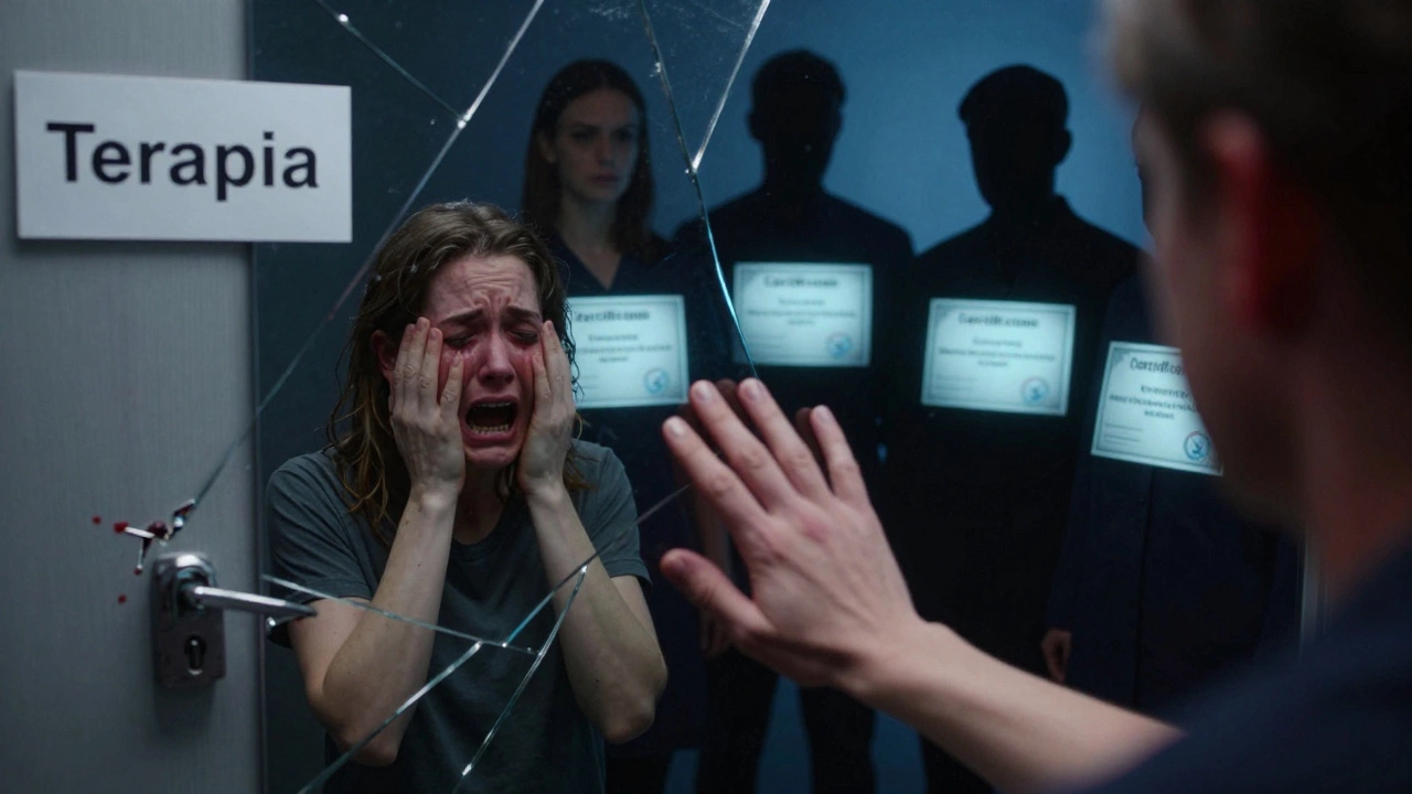 Разбитое зеркало отражает разные эмоции человека, а в тени — фигуры неквалифицированных специалистов.