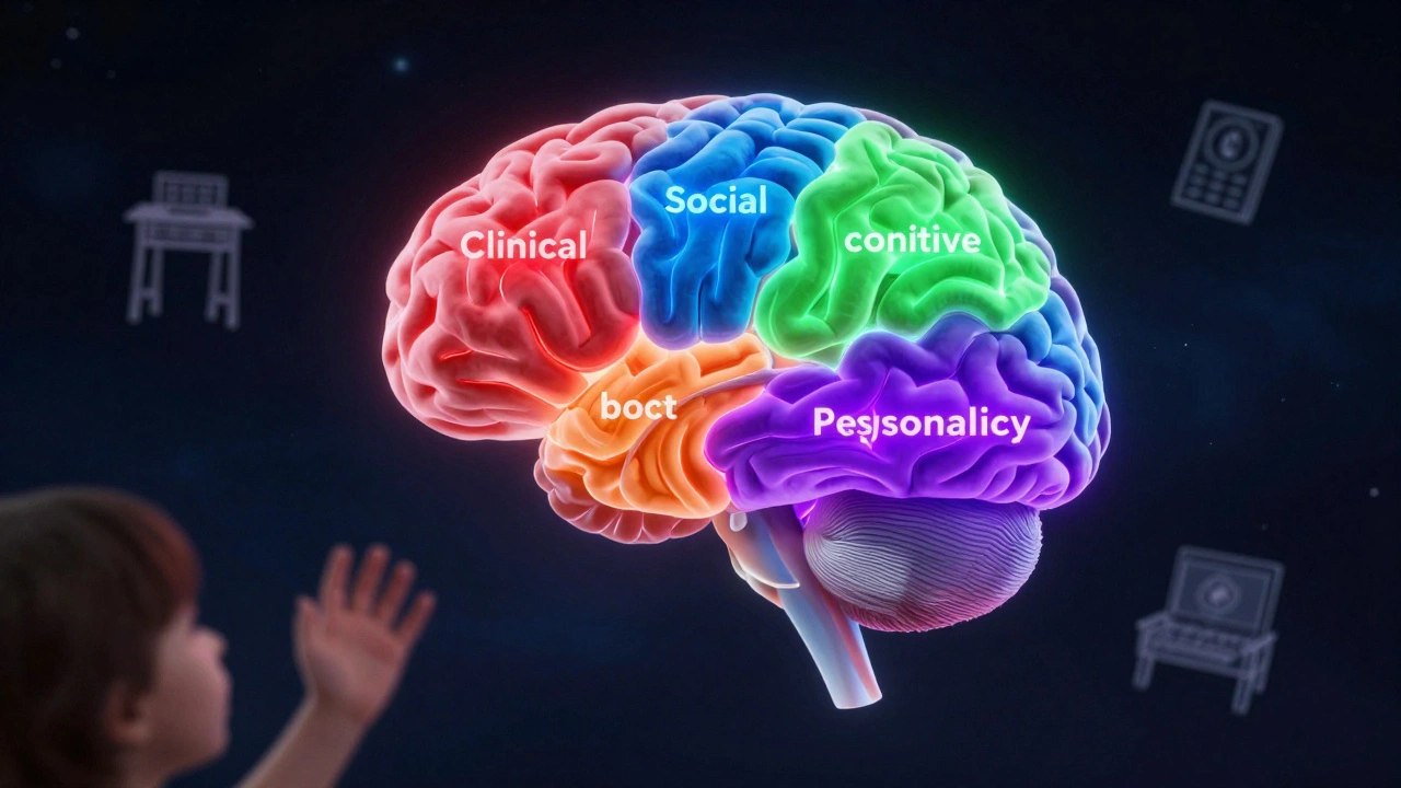 Разделенный мозг с цветными секторами, представляющими разные направления психологии.