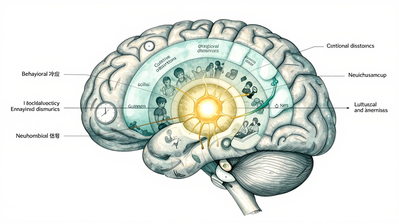 Разрез мозга, показывающий шесть уровней психологии как концентрические слои.