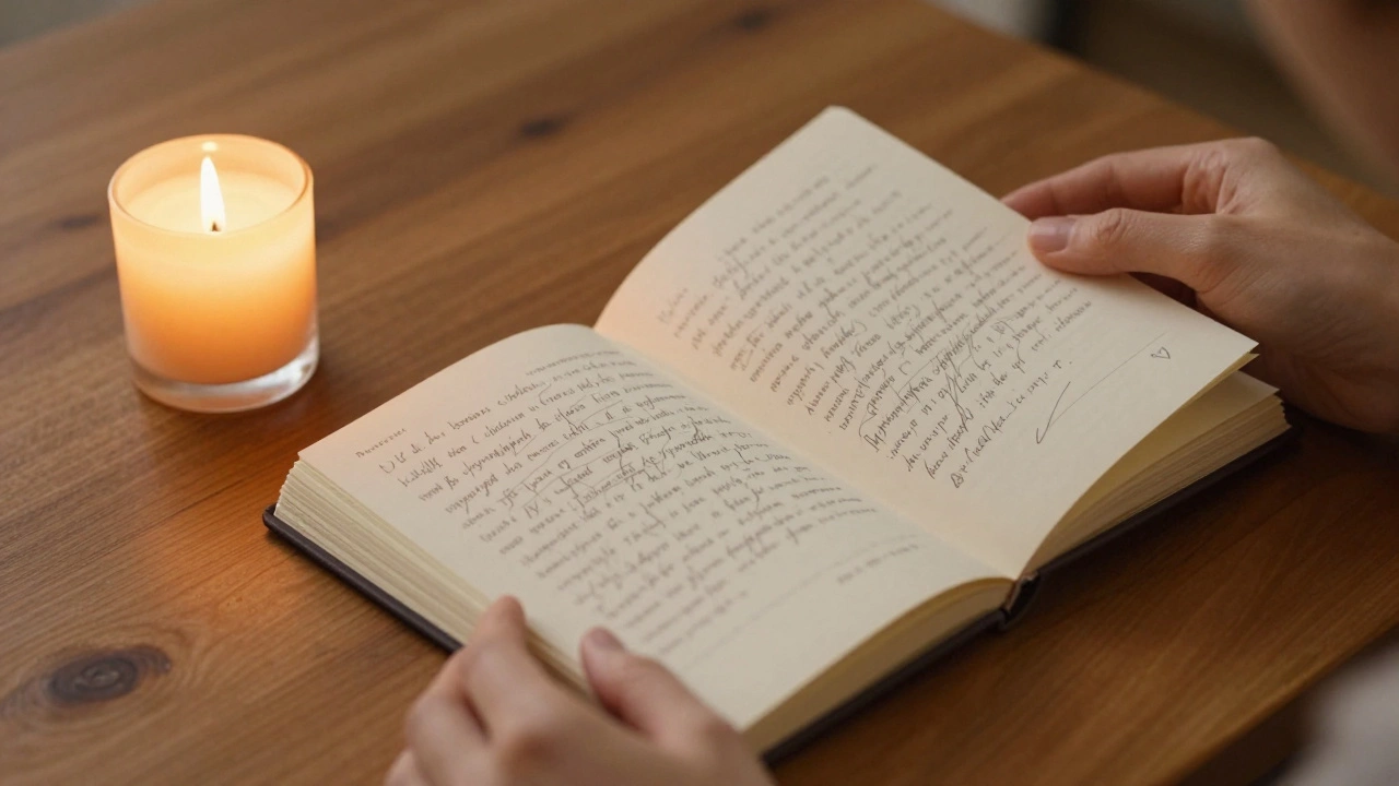 Рука кладет тетрадь на стол рядом с зажженной свечой, на странице — хаотичные записи мыслей.