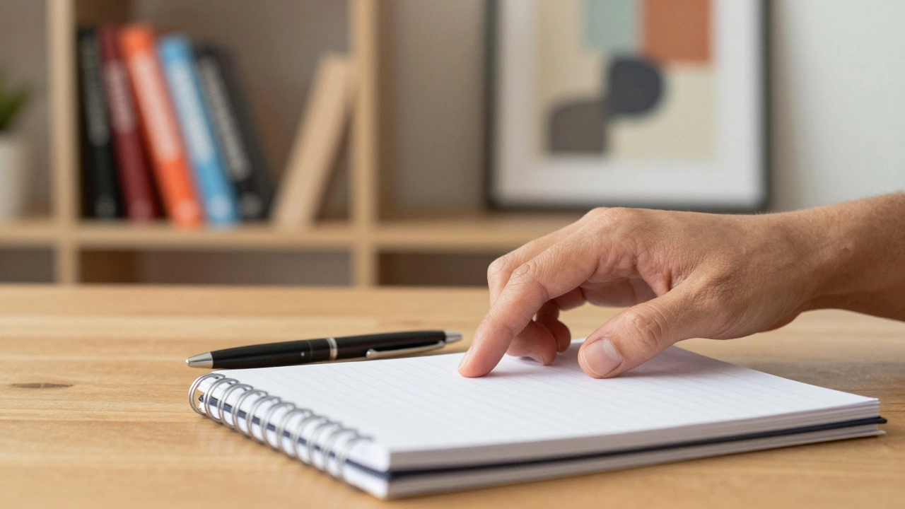 Рука медленно тянется к блокноту на столе — момент перед началом разговора.