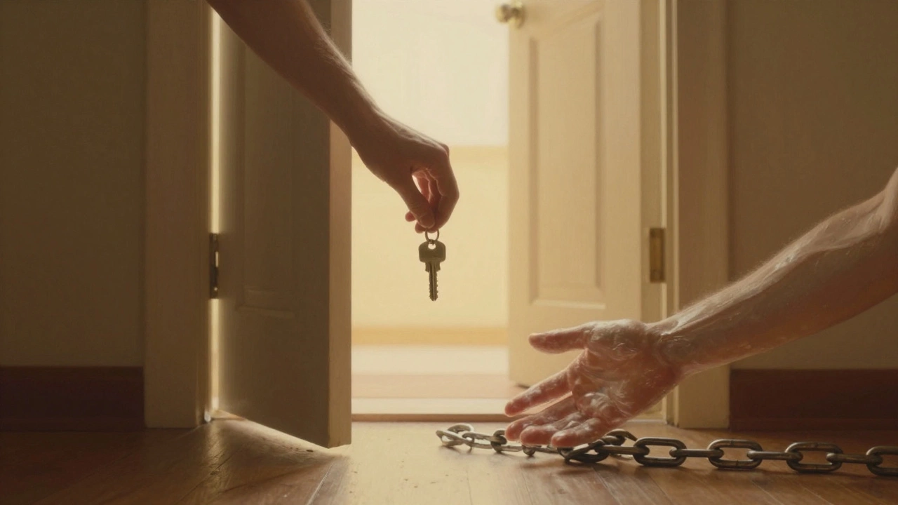 Рука отпускает цепь, а другая берет ключ — символ ухода от токсичной терапии.