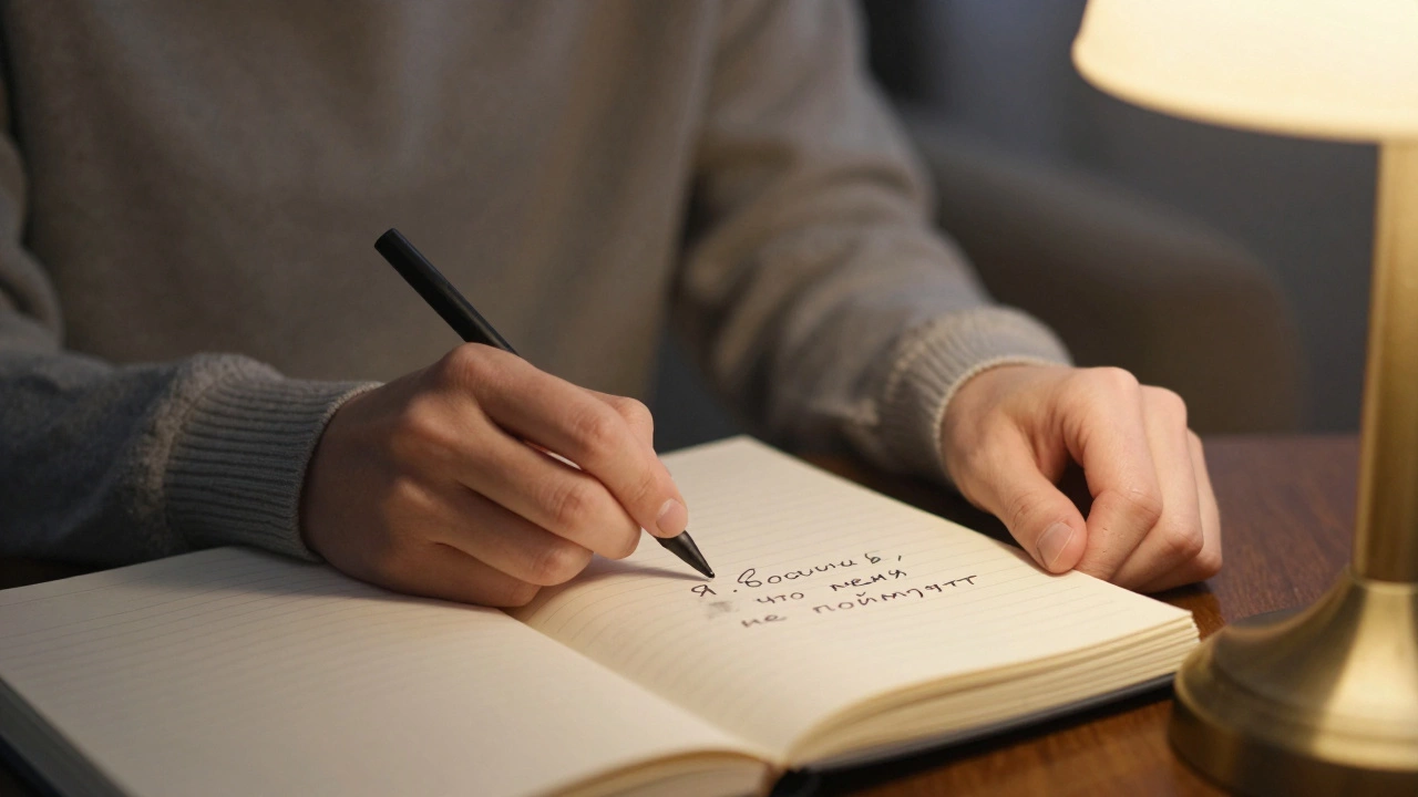 Рука пишет в дневнике слова о страхе быть непонятым, рядом — тихо сидящий терапевт.