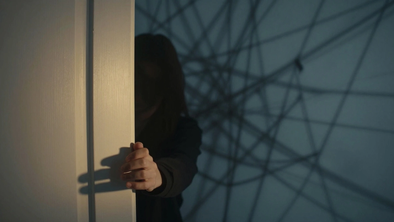 Рука тянется к двери, из-под которой пробивается свет, а позади — тени подавленных эмоций.