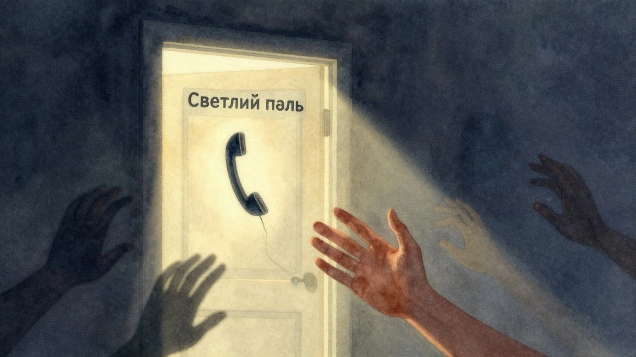 Рука тянется к светящейся двери с надписью 'Светлый путь', символизируя надежду и поддержку.