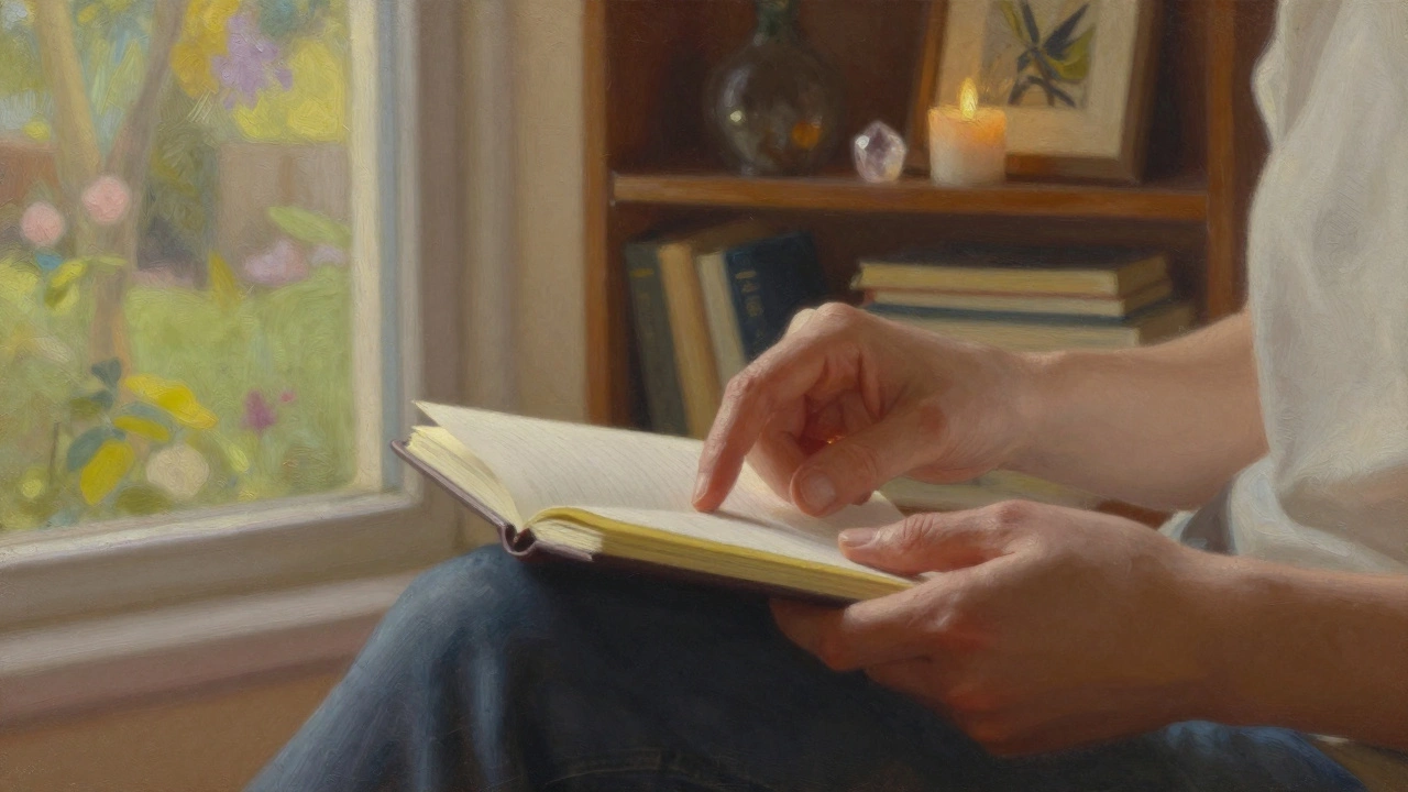 Руки человека медленно открывают тетрадь в тихой, уютной обстановке, без слов на странице.