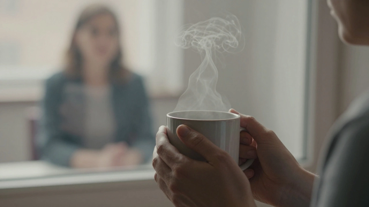 Руки держат чашку чая, в окне — едва видимое отражение собеседника.