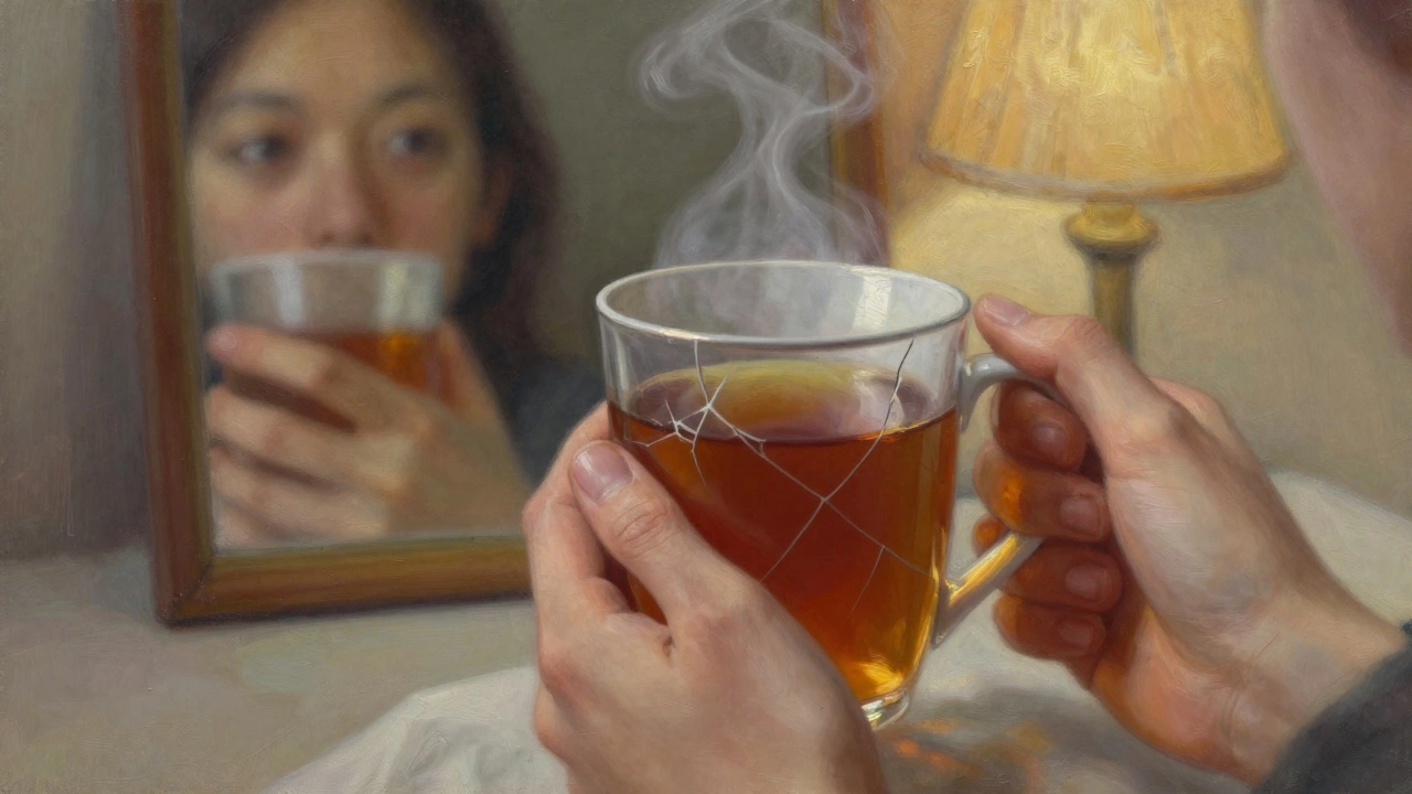 Руки держат холодный чай, в зеркале отражается пустой взгляд, тёплый свет контрастирует с тенями.