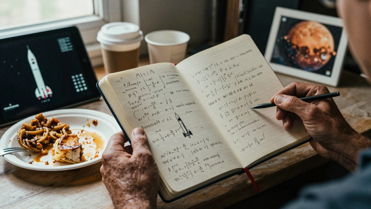 Руки с записями и схемами на фоне беспорядочного рабочего стола, утренний свет и экран с данными спутника.