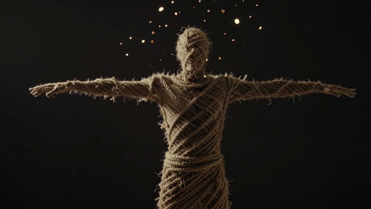 Силуэт человека из потрепанных веревок, вокруг — светящиеся мысли и страхи.