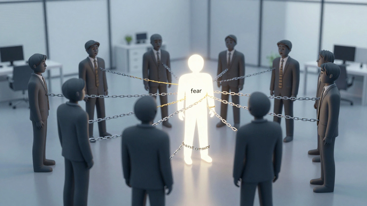 Символическое изображение человека, освобождающегося от давления группы в офисе.