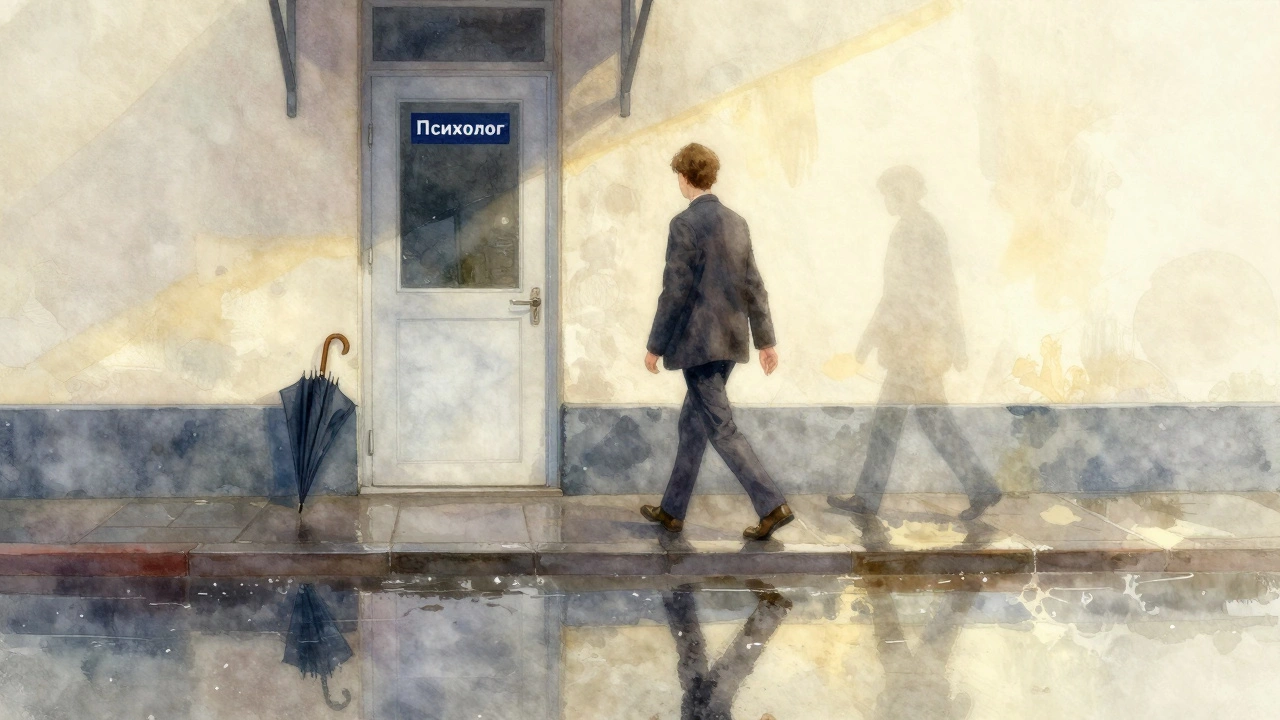 Следы на мокрой улице уходят от двери психолога, в луже отражается более легкая версия человека.