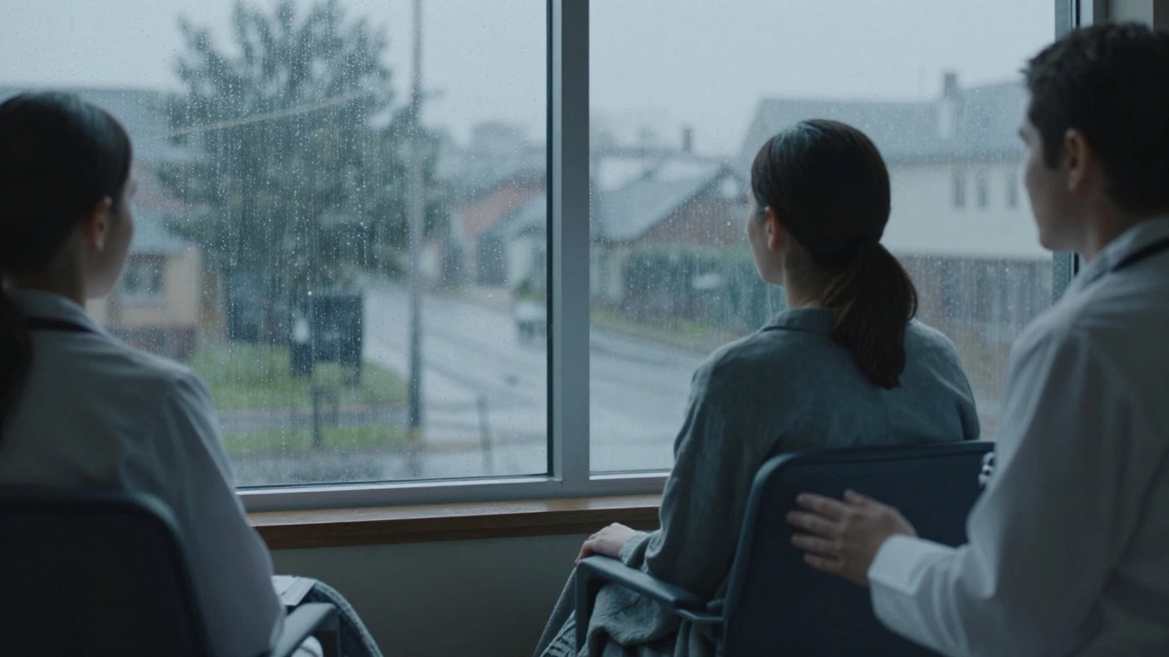 Терапевт и клиент молча сидят у окна, дождь за стеклом, между ними — тишина и доверие.
