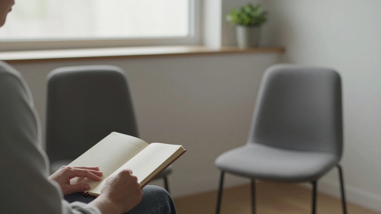 Тихая комната для терапии: один стул занят, другой пуст — атмосфера спокойствия и надежды.