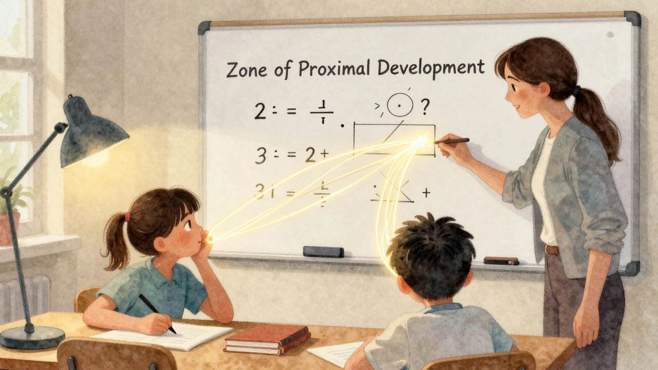 Учитель помогает ребенку с уроками, зона ближайшего развития визуализирована