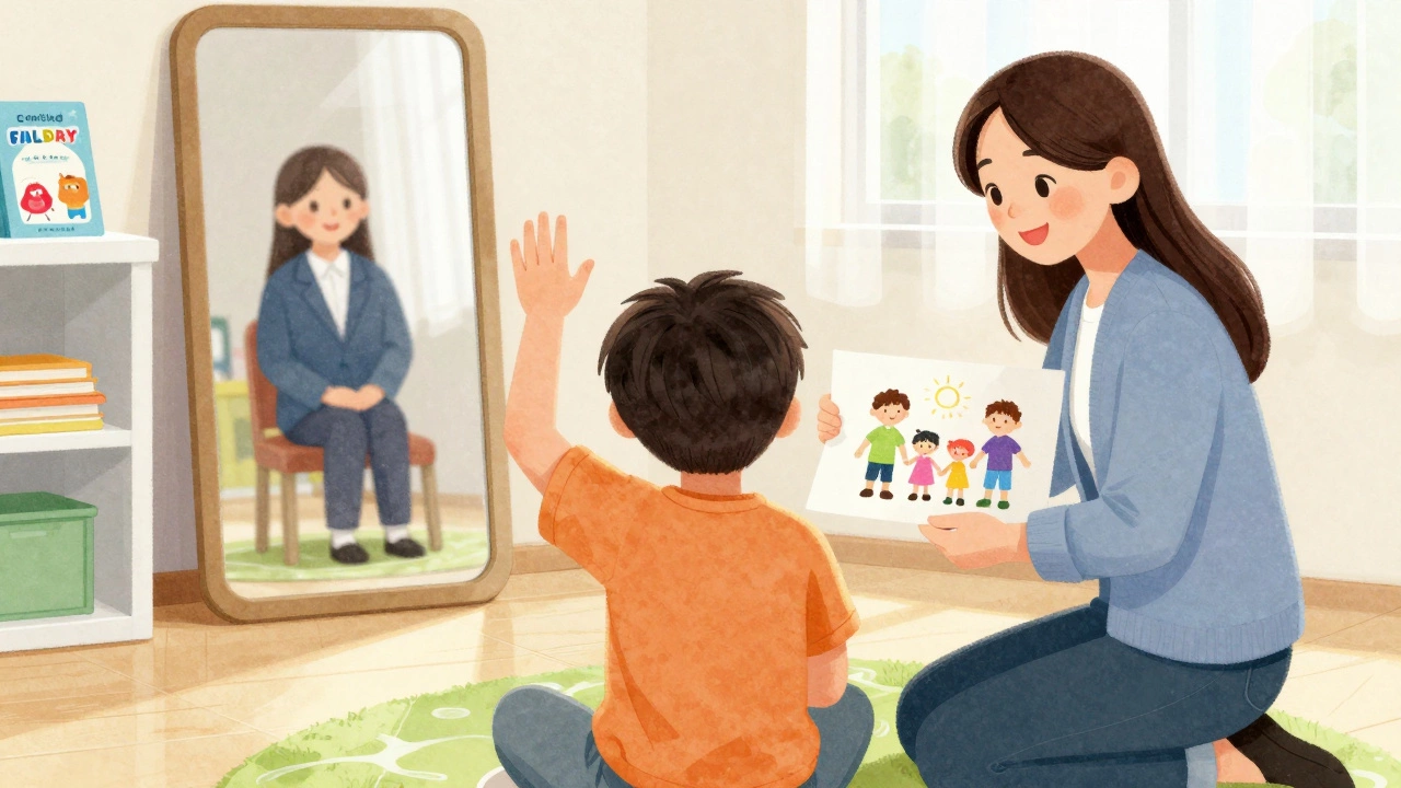 Учитель помогает ребенку в классе, за ними психолог наблюдает через зеркало, яркие цвета и уютная атмосфера.