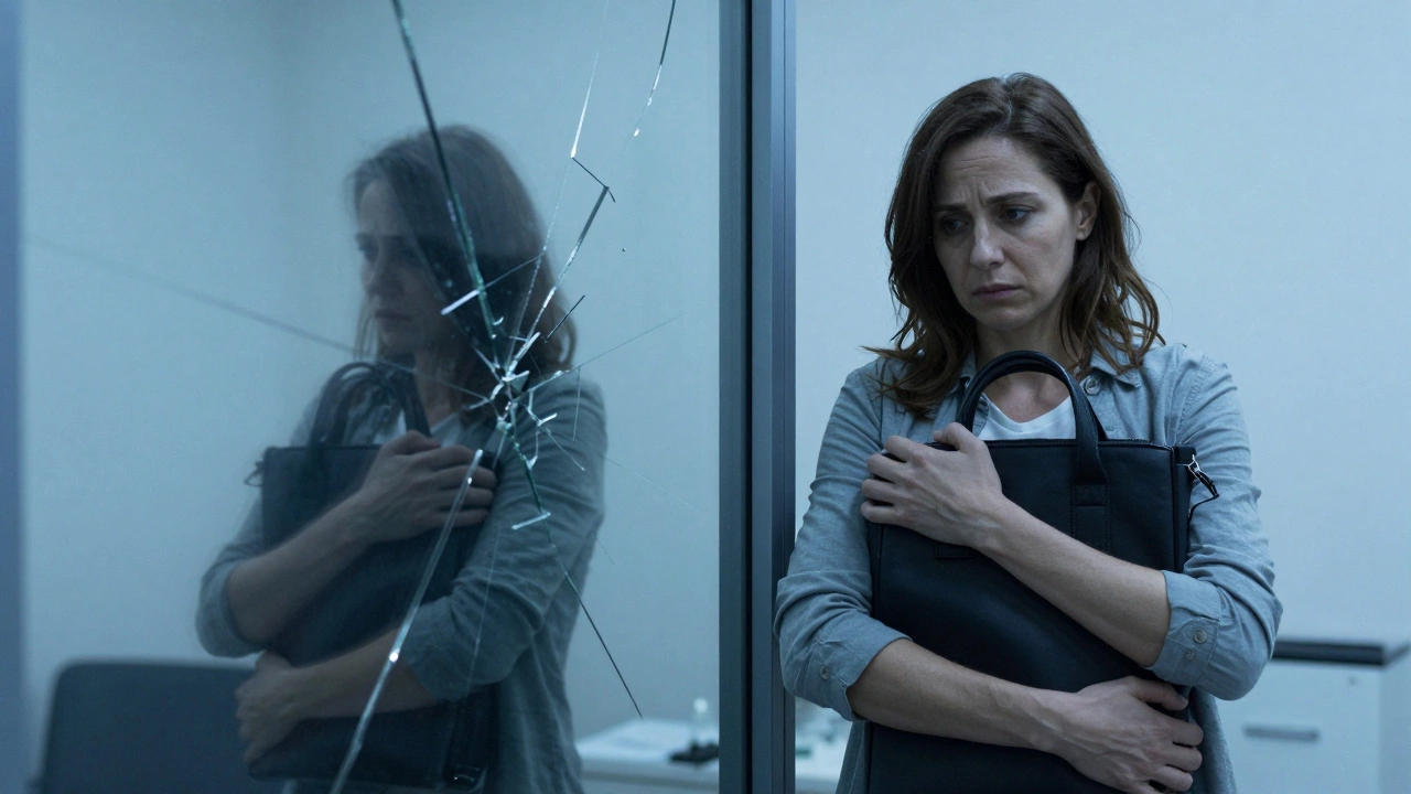 Женщина колеблется перед дверью терапии, боясь сказать правду.