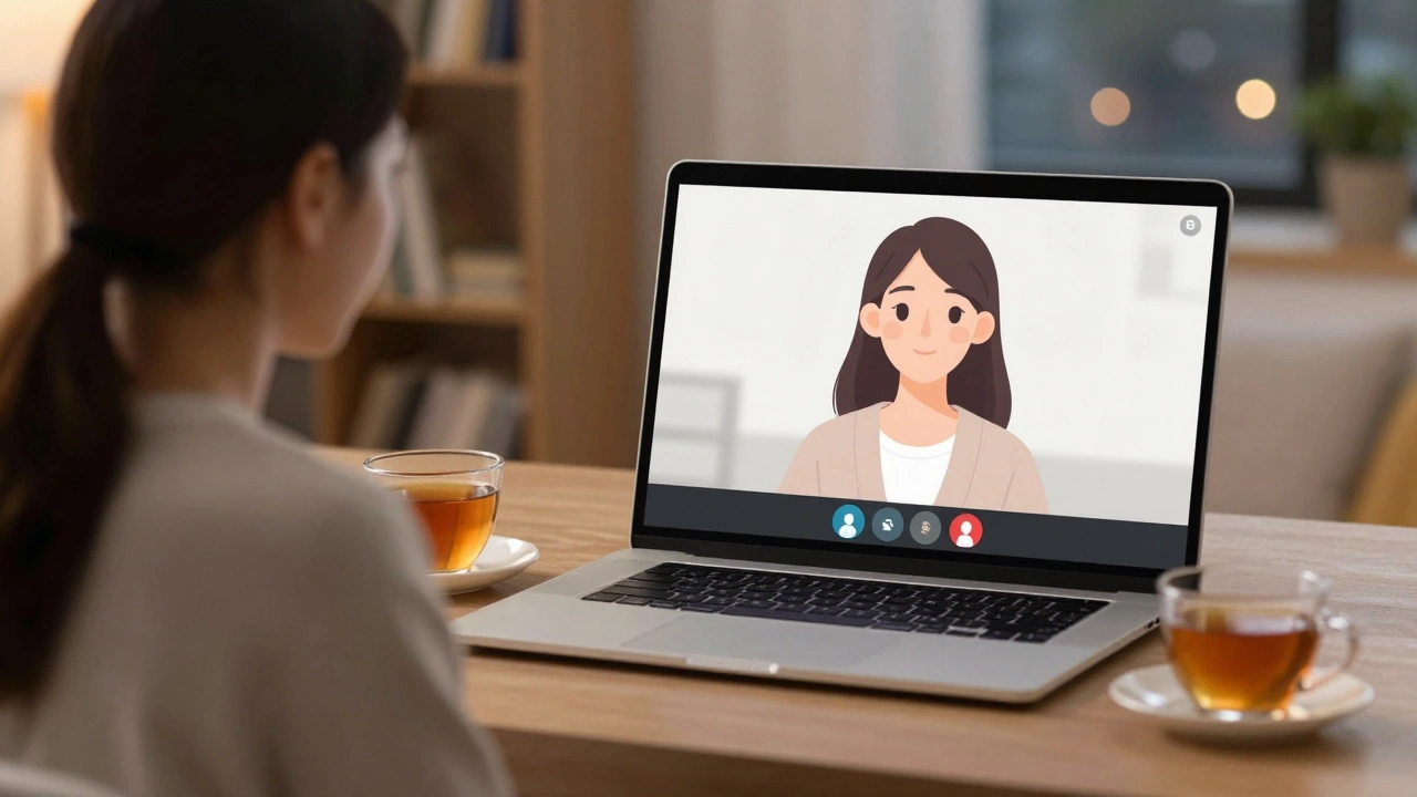 Женщина на онлайн-сеансе у психолога в домашней обстановке, мягкий свет и уют