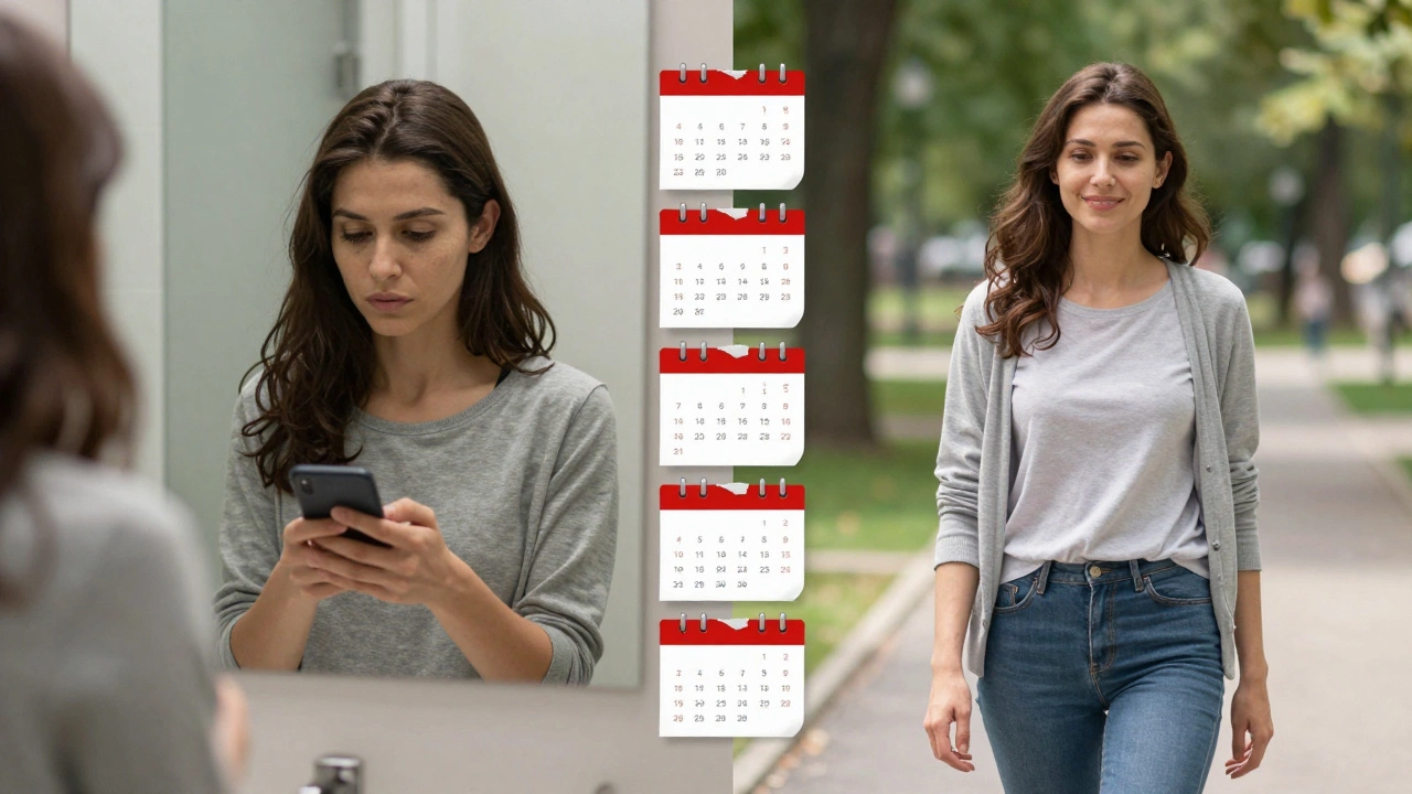 Женщина слева — в стрессе, справа — спокойна в парке, между ними шесть сессий терапии.