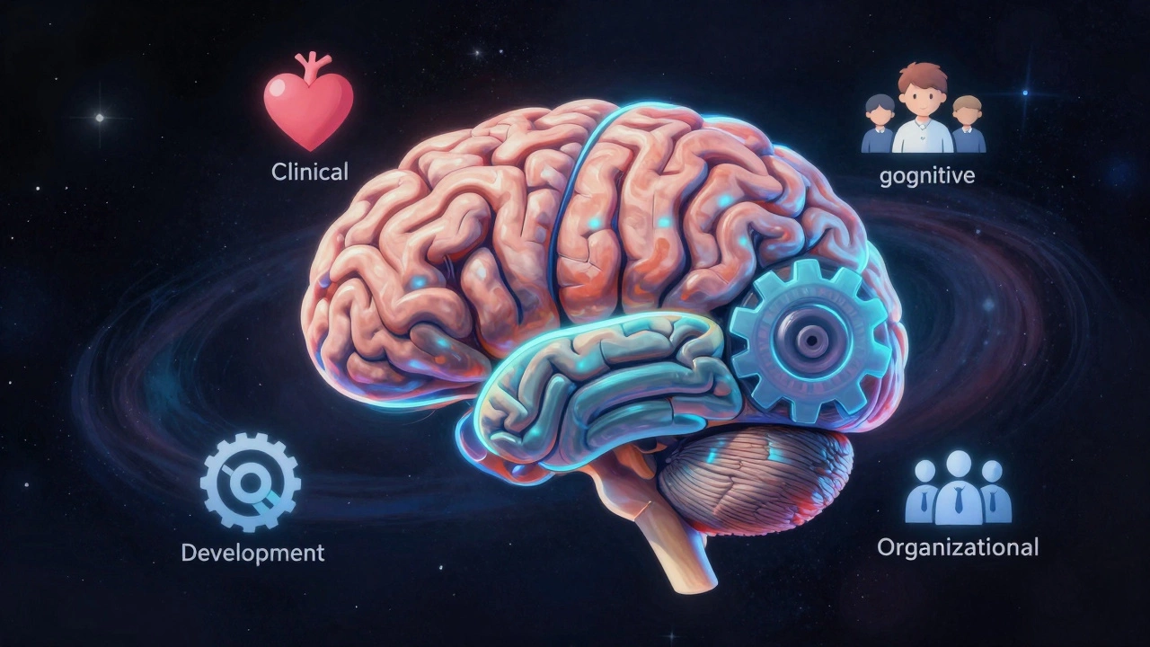 Человеческий мозг с разделёнными секциями, каждая из которых представляет направление психологии.