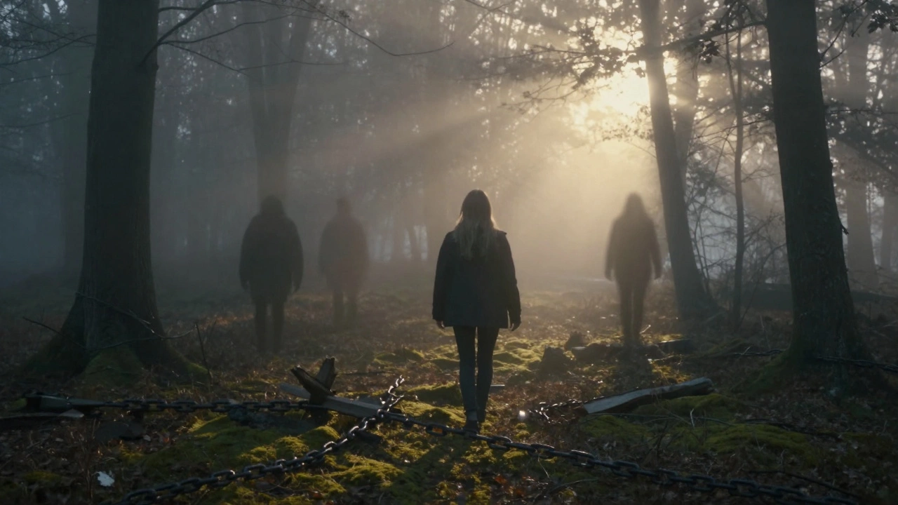 Человек идет по лесу на рассвете, оставляя за собой разбитые цепи, впереди — свет.