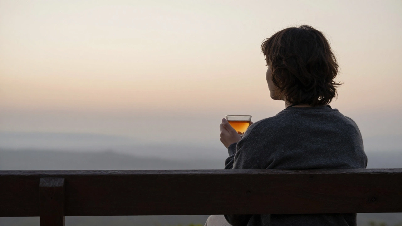 Человек с чашкой чая на рассвете, спокойно смотрит вдаль — без тревоги и ожиданий.