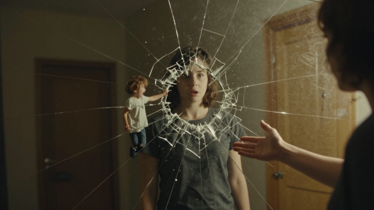 Человек смотрит в разбитое зеркало, где отражаются детские травмы, а его настоящее «я» протягивает руку к исцелению.