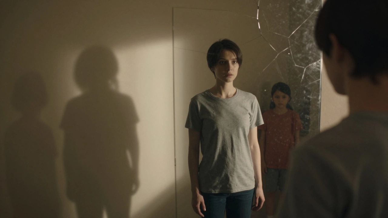 Человек смотрит в зеркало, где отражаются прошлое и настоящее — без страха, с принятием.