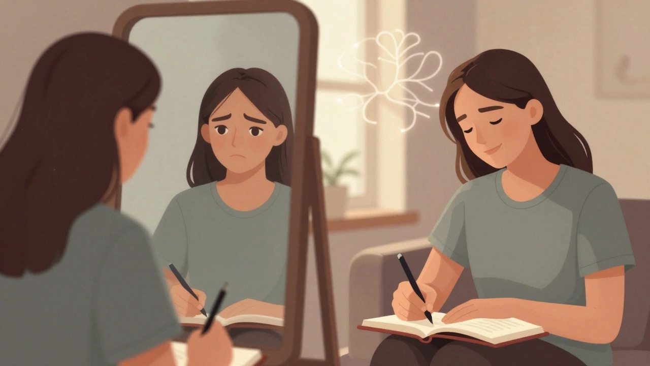 Человек смотрит в зеркало и пишет в дневнике — символ внутренних изменений от терапии.