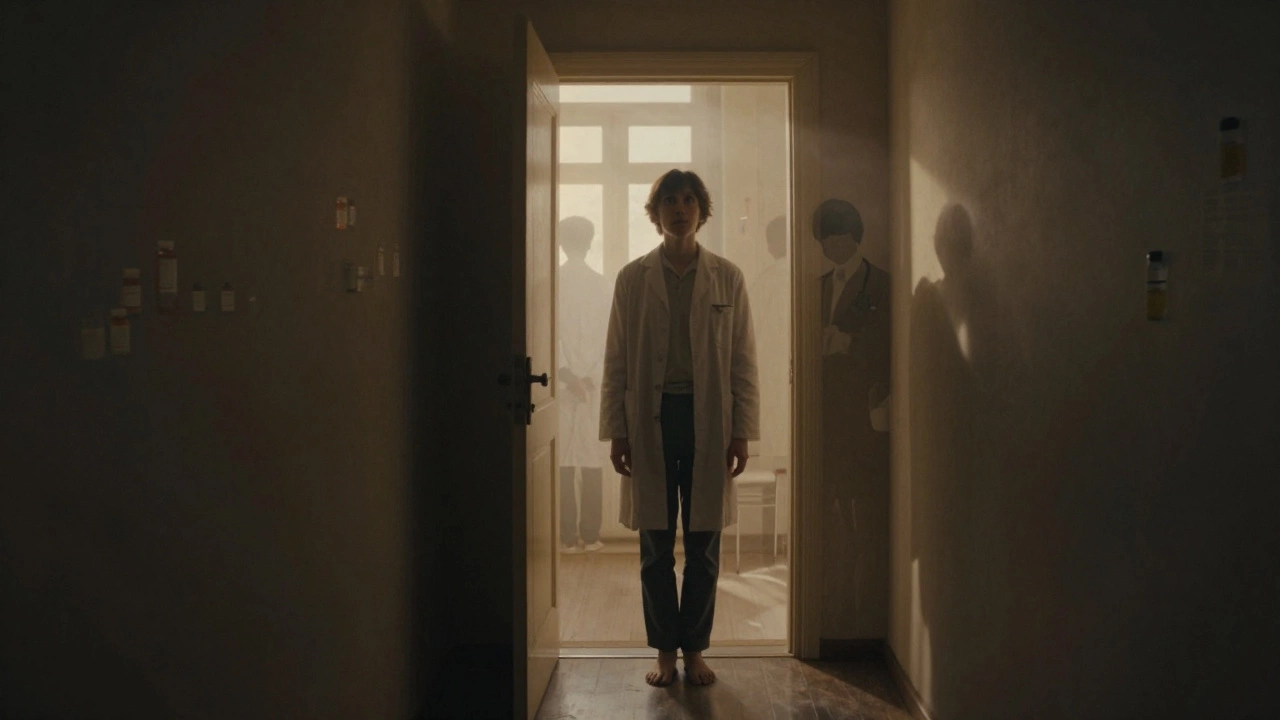 Человек стоит у открытой двери, за ним растворяются символы диагнозов и советов, впереди — свет.