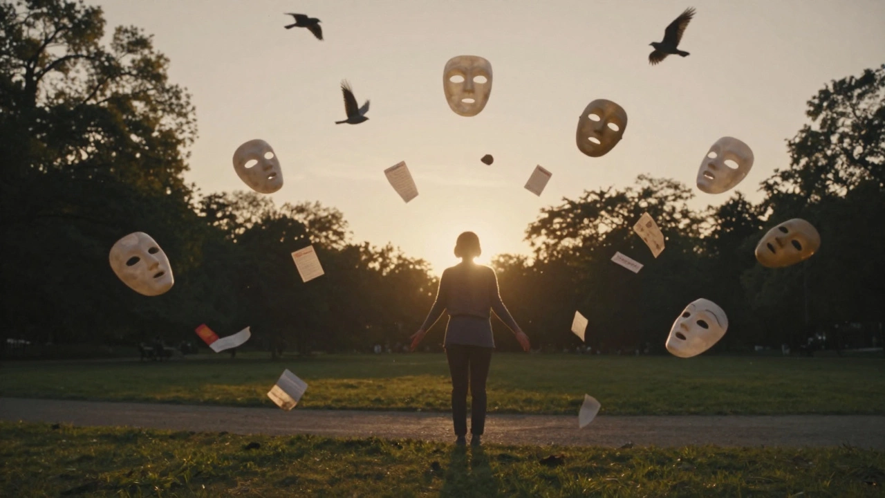 Человек в парке на закате, вокруг него рассеиваются маски и голоса, символизирующие освобождение от чужих ожиданий.