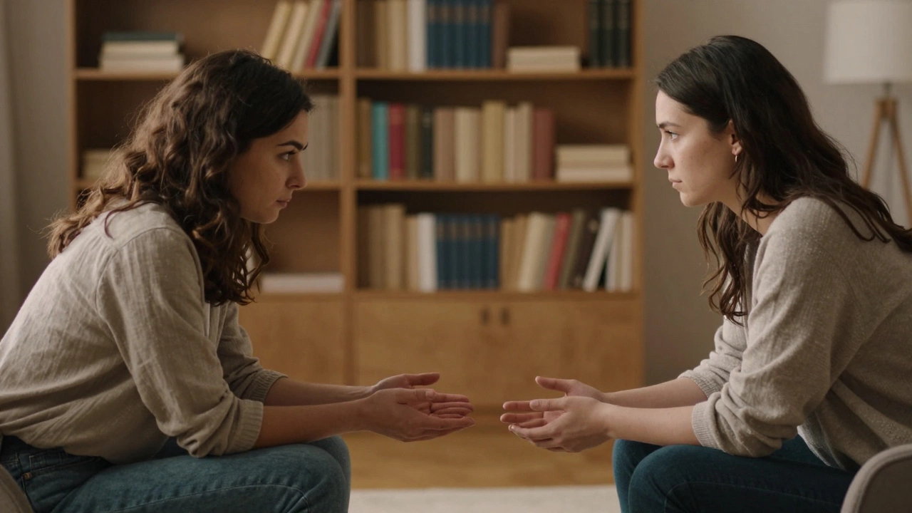 Два человека в комнате терапии: один смотрит в пол, другой — с открытыми ладонями, между ними — тихая связь.