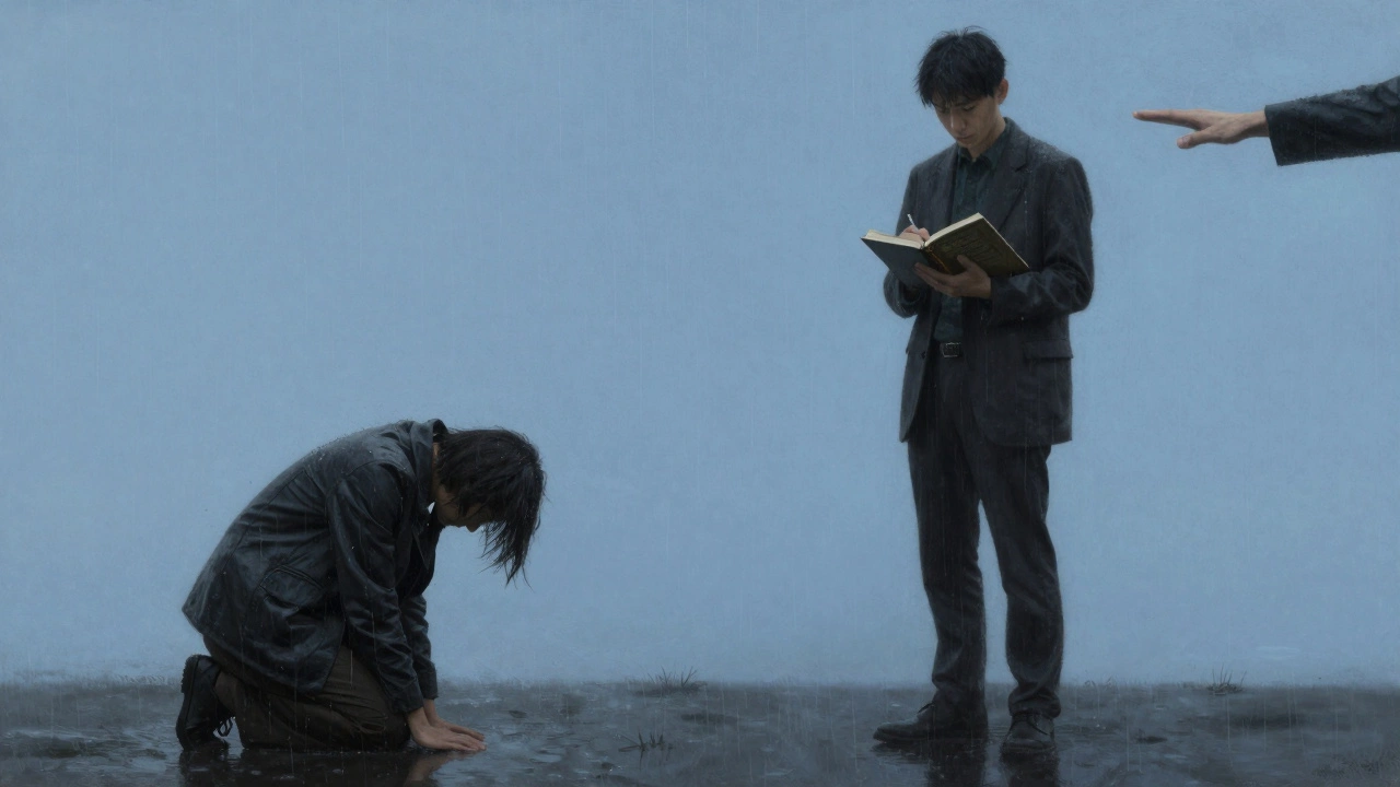 Два образа одного человека: один в дожде после потери работы, другой — с книгой под ясным небом.