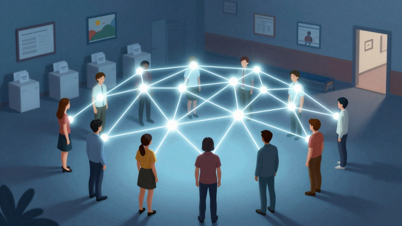 Группа людей, соединённых светящимися нейронными путями, символизирующими социальное влияние.