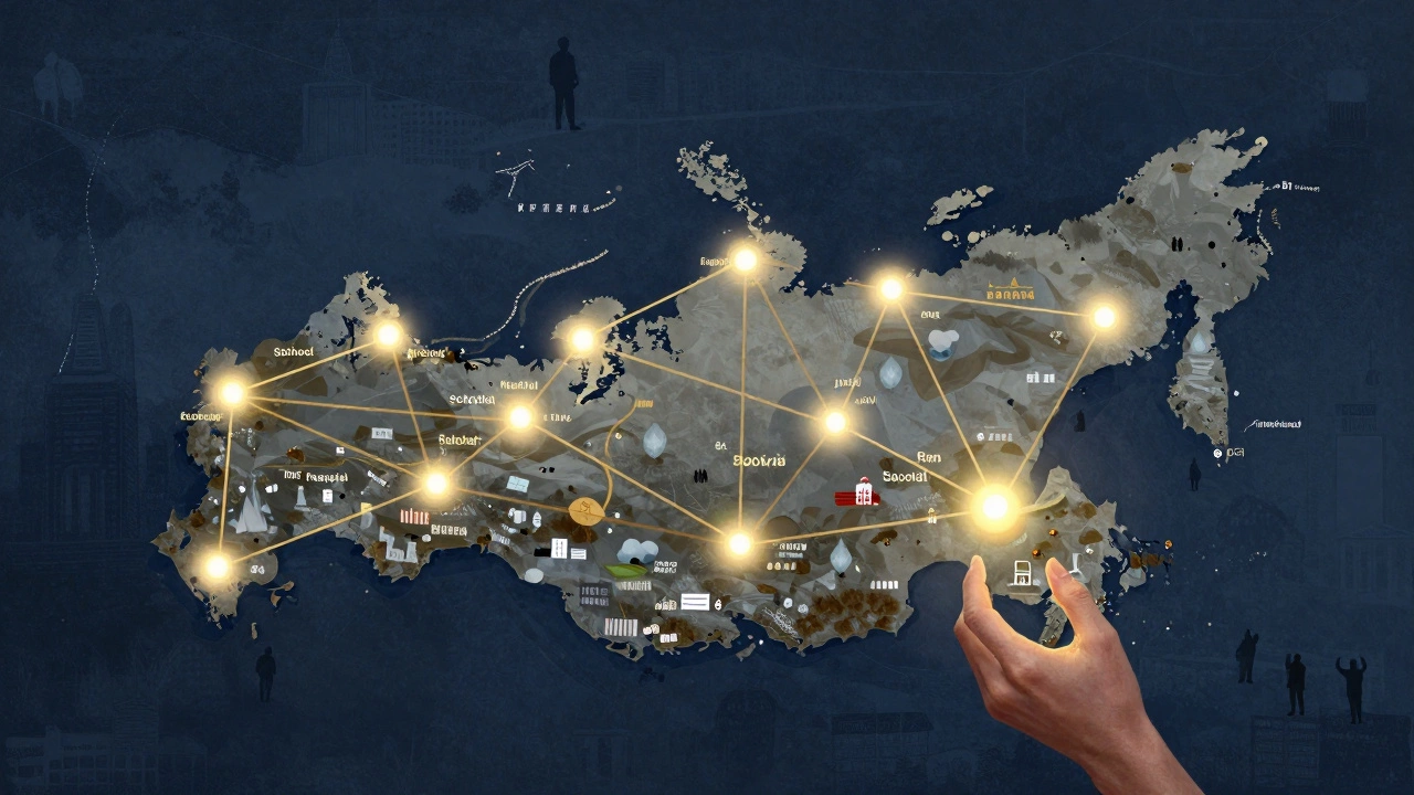 Карта России с яркими центрами психического здоровья и тусклыми регионами — метафора неравенства в поддержке.