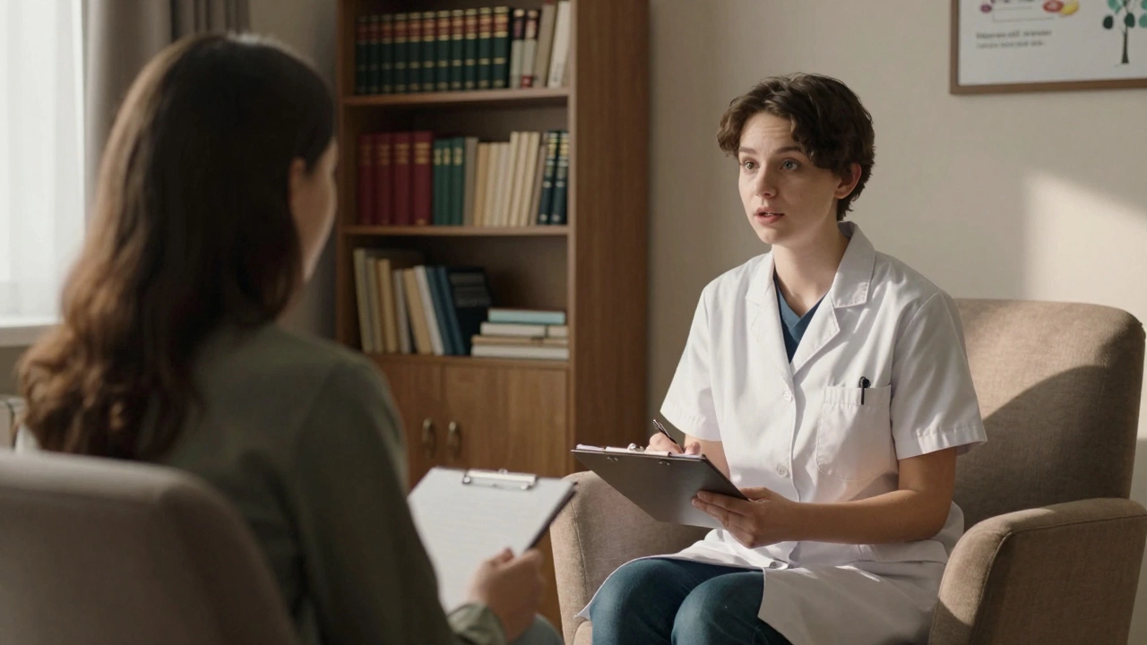 Клинический психолог ведет сеанс с клиентом в уютном кабинете с теплым освещением.