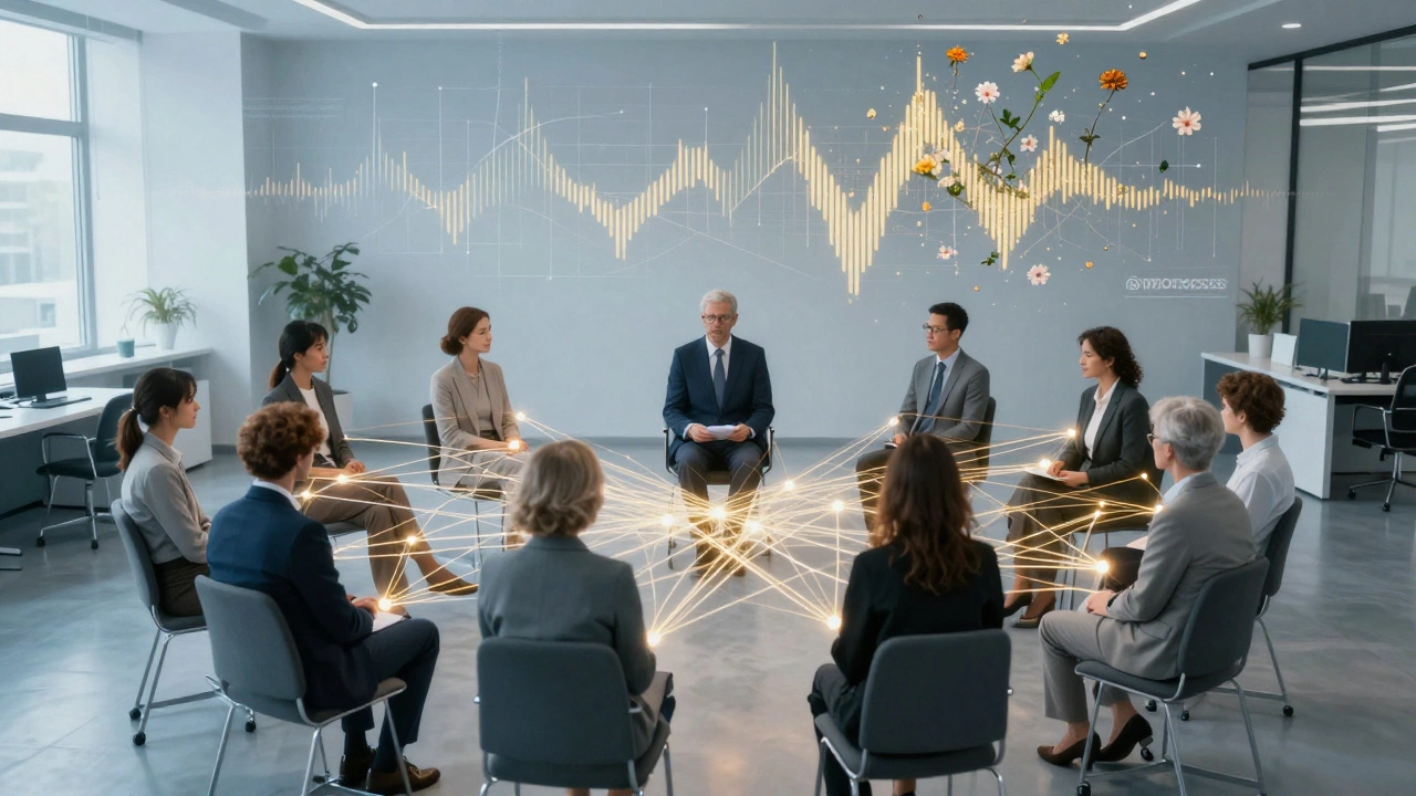 Корпоративная сессия с психологом, сотрудники в кругу, абстрактные связи между ними.