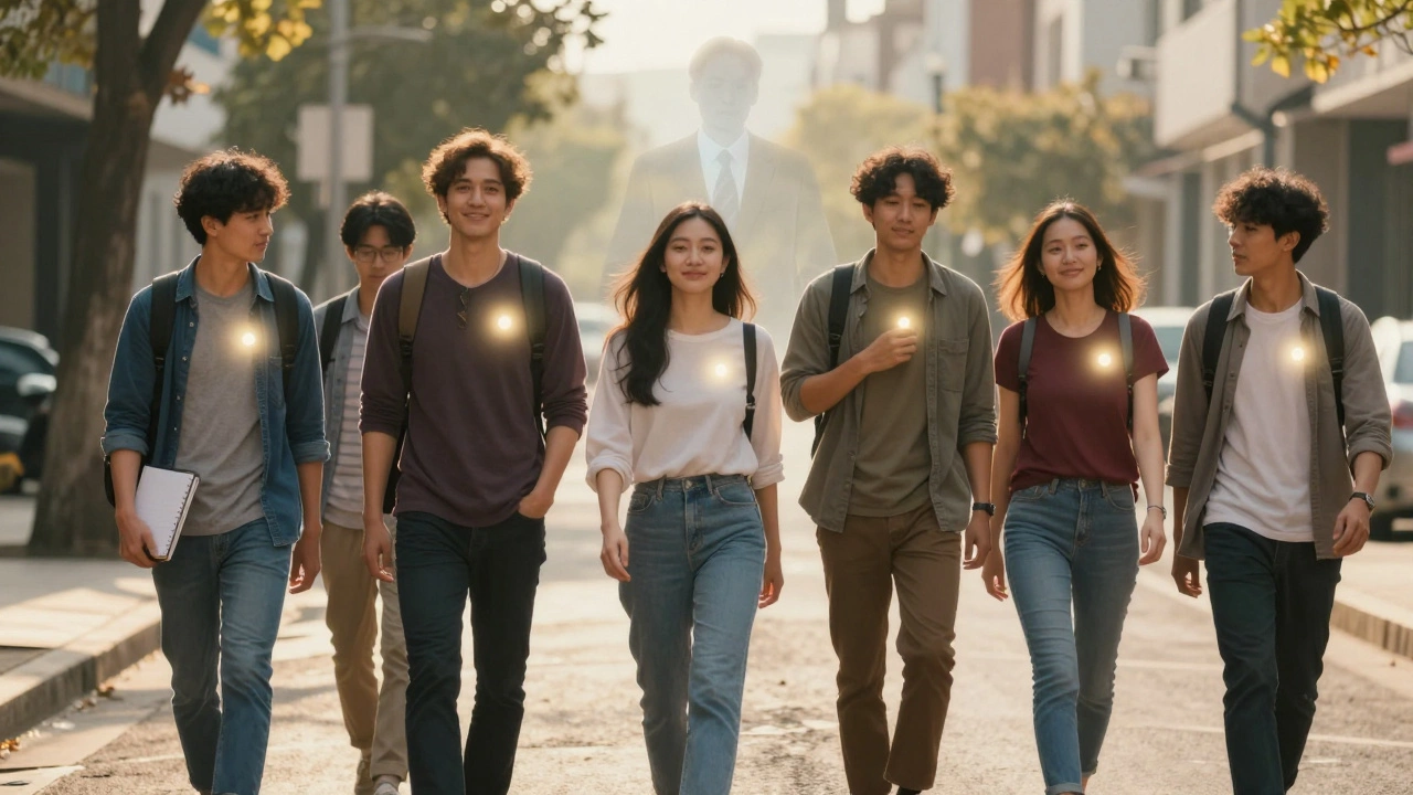 Люди идут по улице с мягким светом в груди, символизирующим рост и поддержку терапии.