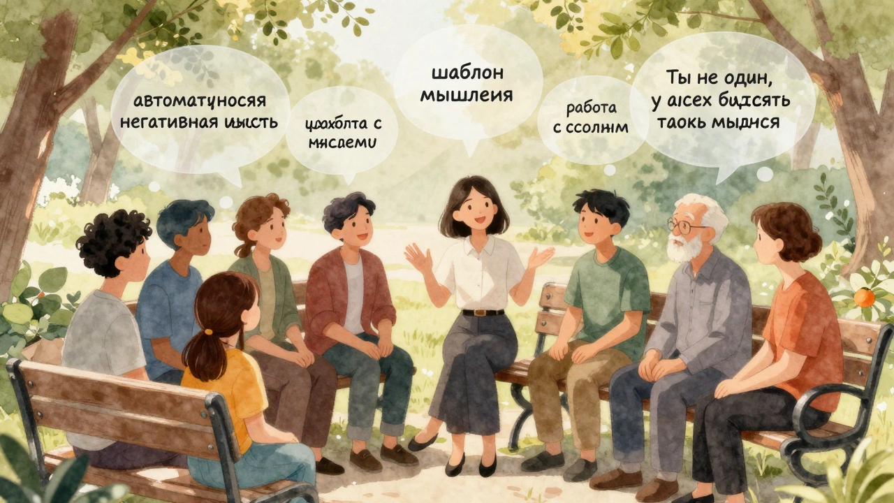 Люди на скамейке в парке обсуждают мысли, используя понятные фразы вместо научного жаргона.