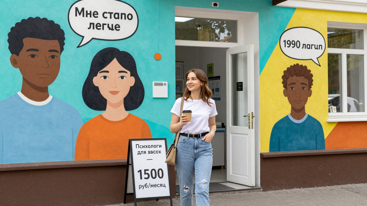 Молодая женщина выходит из клиники с психологом в Казани, символизируя доступную и открытую помощь.